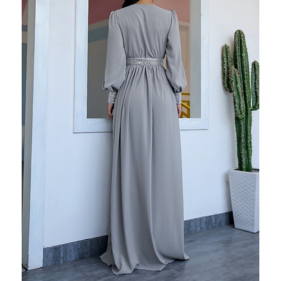 Grey Plunge Silver Contrast Wrap Gown Maxi Dress - Picture 2 of 6